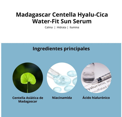 SKIN1004 – Madagascar Centella Hyalu-Cica Water-Fit Sun Serum 50ml | Protector solar hidratante, ligero y calmante SPF50+ PA++++